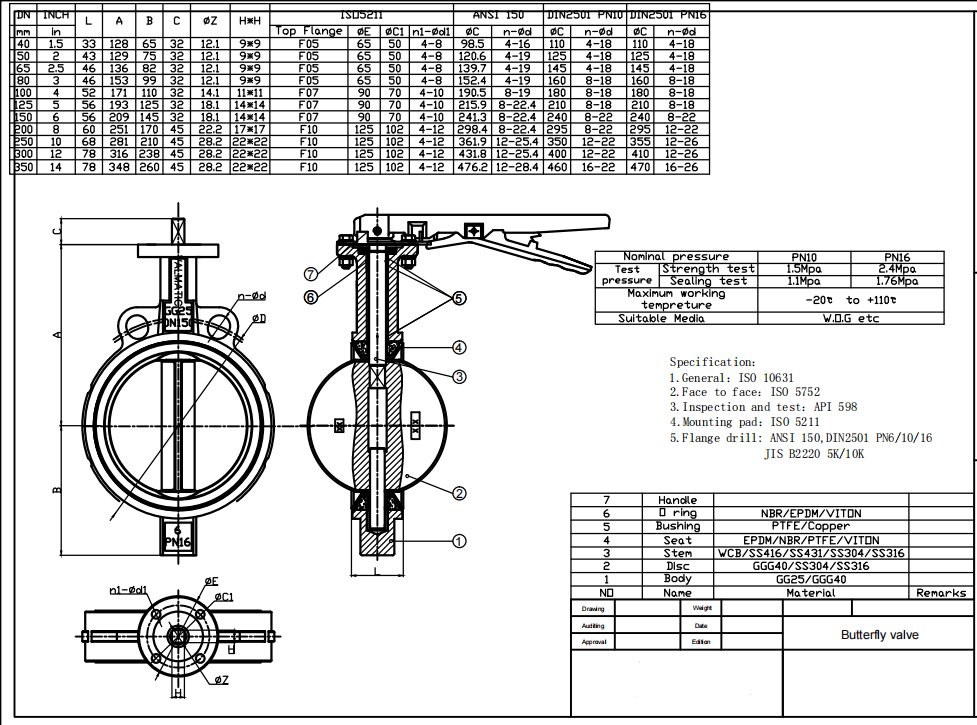 Manual WCB Body PTFE Seal PTFE Disc Wafer Type Butterfly Valve